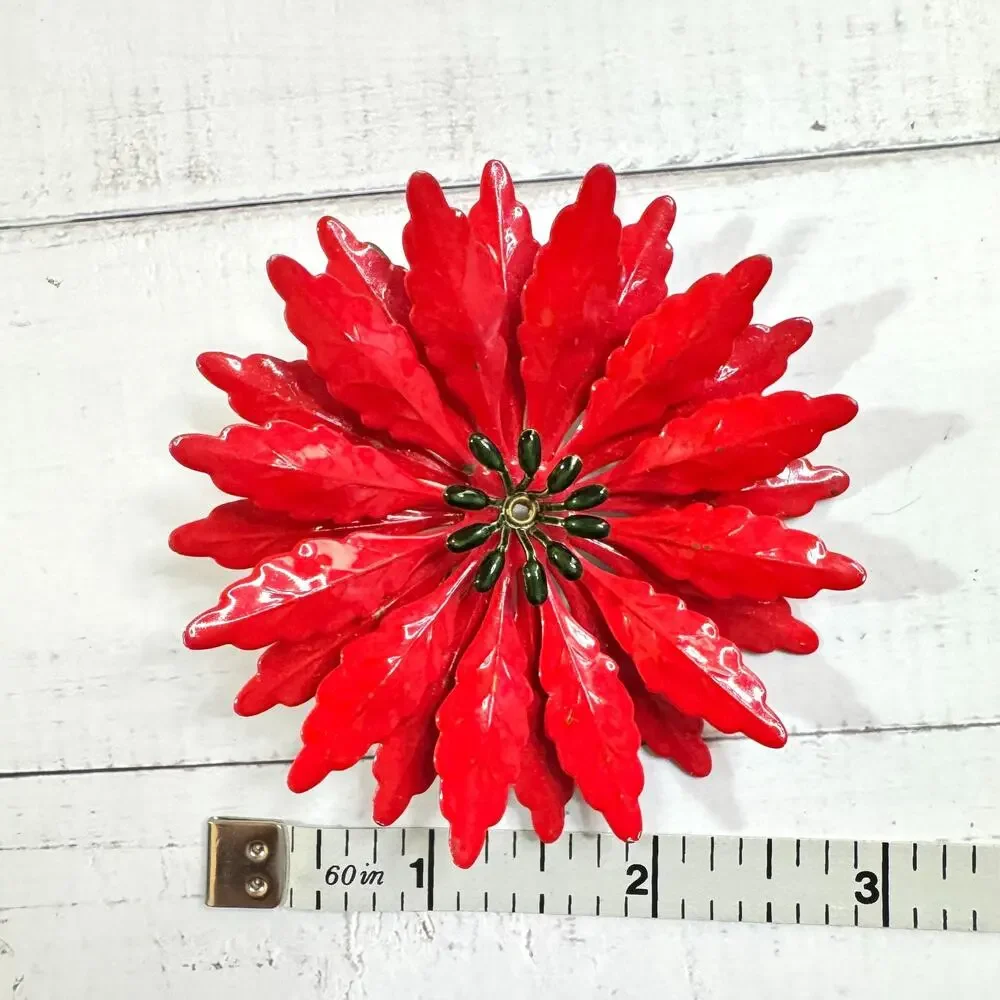 Large Vintage Red Enamel Flower Brooch Metal Poinsettia 3